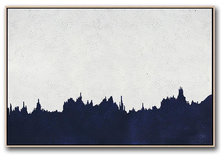 Horizontal Abstract Painting Navy Blue Minimalist Painting On Canvas - Blue Canvas Prints Extra Large